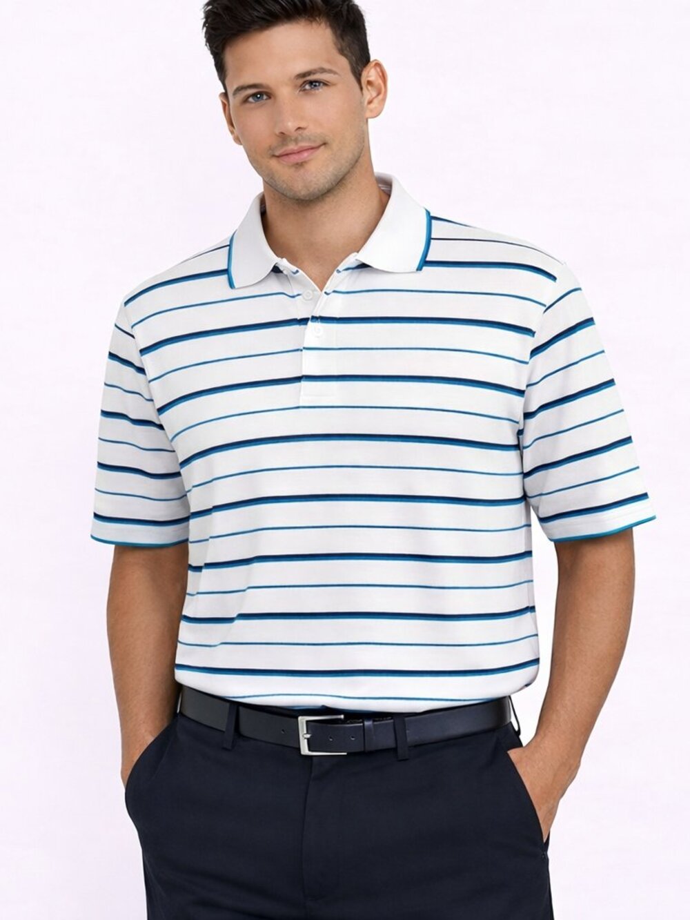 BLACK BROWN 1826 White Navy/Turquoise Stripes Short Slv Polo Golf Preppy Travel